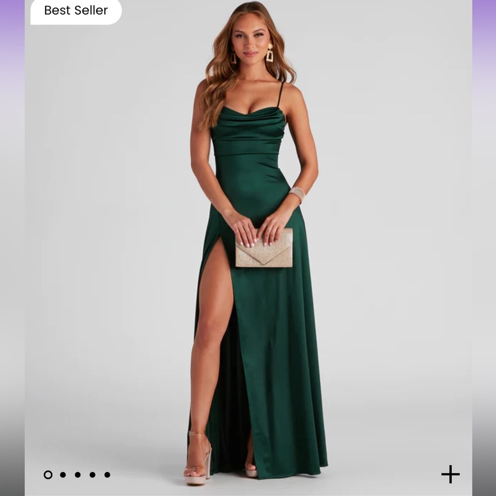 Formal satin cowl neck dress